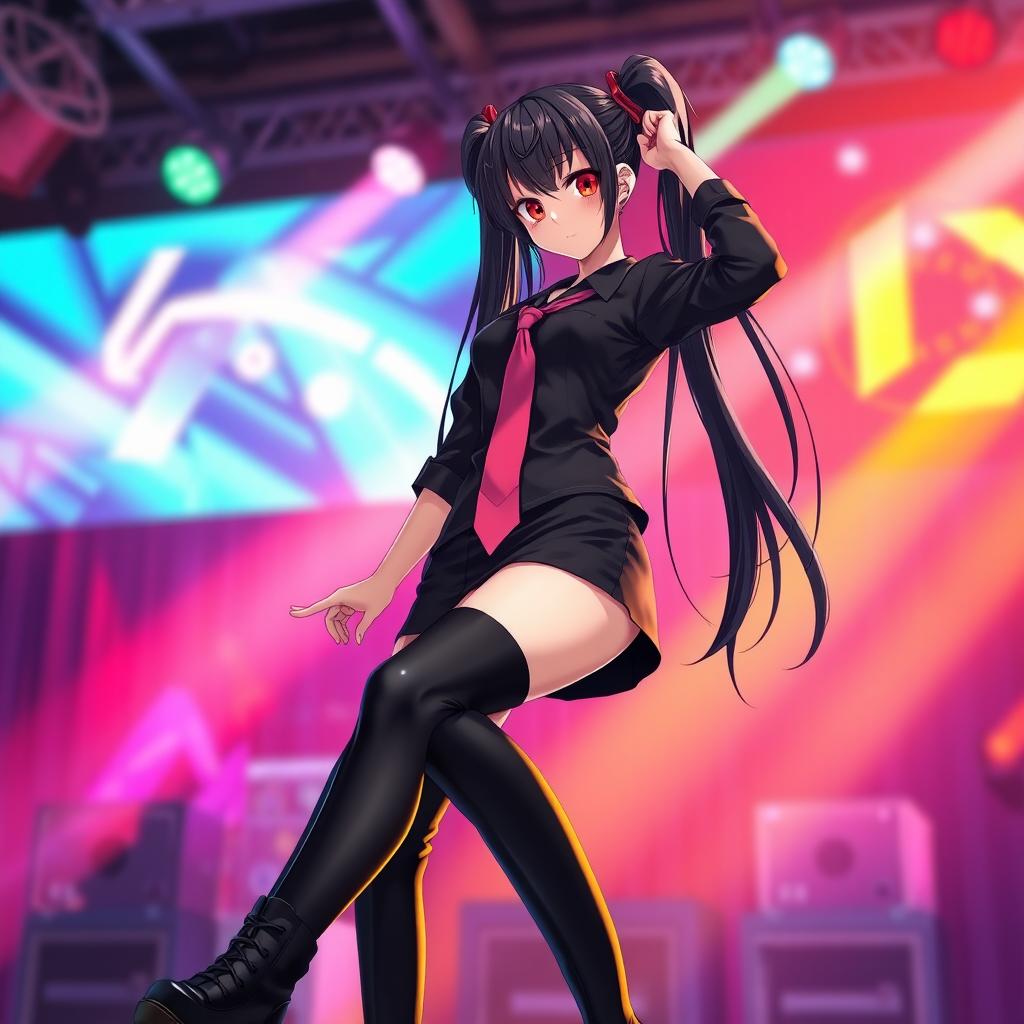 A woman with long black twintails and striking red eyes, confidently performing on stage