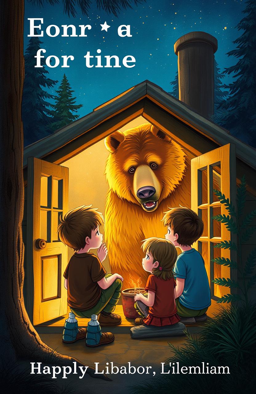 A captivating book cover illustration featuring two boys and a girl gathered inside a cozy cottage at night