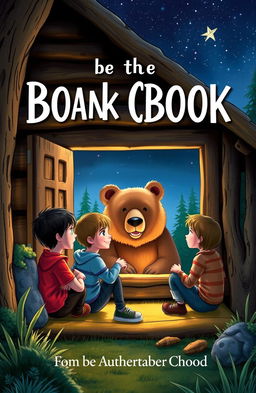 A captivating book cover illustration featuring two boys and a girl gathered inside a cozy cottage at night