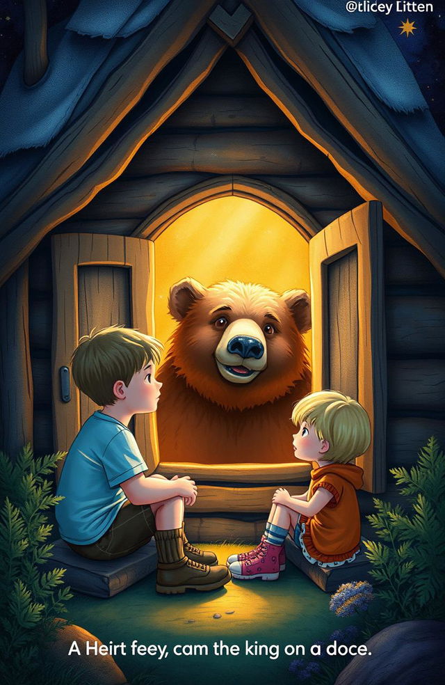 A captivating book cover illustration featuring two boys and a girl gathered inside a cozy cottage at night