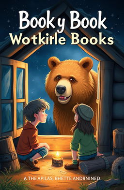 A captivating book cover illustration featuring two boys and a girl gathered inside a cozy cottage at night