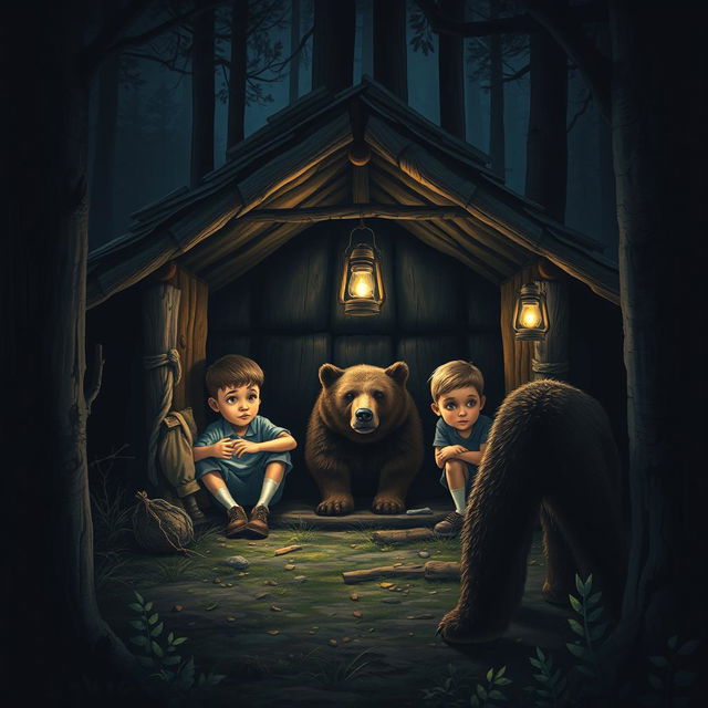 A dramatic book cover featuring two real boys and a girl inside a rustic hut located in the dark forest