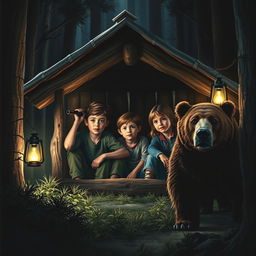 A dramatic book cover featuring two real boys and a girl inside a rustic hut located in the dark forest