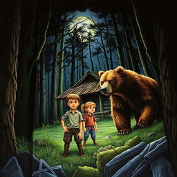 An intense book cover depicting two young boys and a young girl in a dark, eerie forest at night