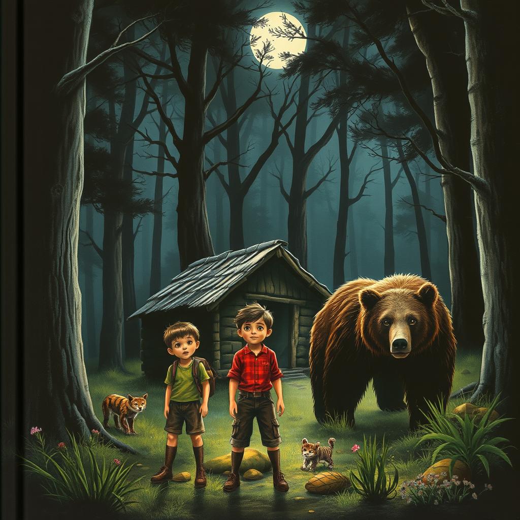 An intense book cover depicting two young boys and a young girl in a dark, eerie forest at night