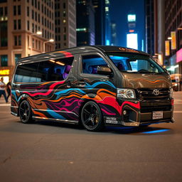 A customized Toyota NV350 van, showcasing a sleek and modern exterior with a unique paint job featuring vibrant colors and artistic graphics