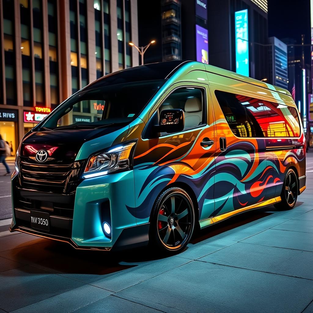 A customized Toyota NV350 van, showcasing a sleek and modern exterior with a unique paint job featuring vibrant colors and artistic graphics