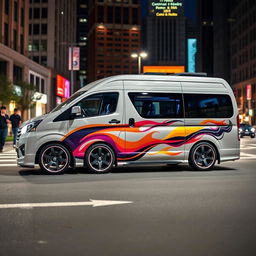 A customized Toyota NV350 van, showcasing a sleek and modern exterior with a unique paint job featuring vibrant colors and artistic graphics