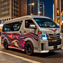 A customized Toyota NV350 van, showcasing a sleek and modern exterior with a unique paint job featuring vibrant colors and artistic graphics