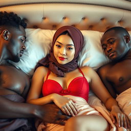 A stunning Chinese woman with natural makeup and an alluring expression, wearing a stylish red bra and an elegant hijab, gracefully lying on a luxurious bed