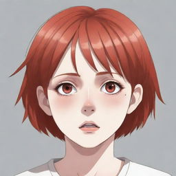 Anime style illustration of a sixteen-year-old girl with short red hair, dressed in white. She looks terribly scared, her pupils dilated giving a striking emotional intensity.