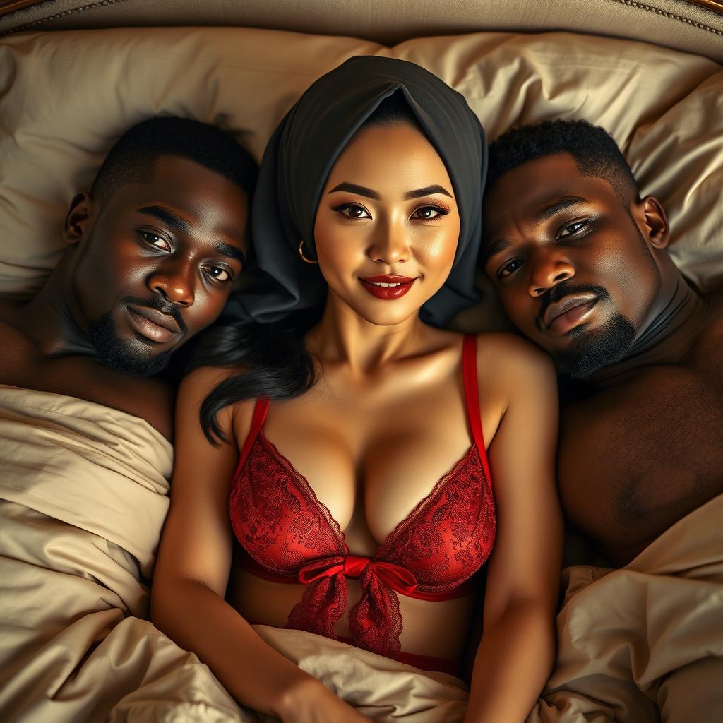 A stunning Chinese woman with natural makeup and an alluring expression, wearing a stylish red bra and an elegant hijab, gracefully lying on a luxurious bed