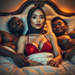 A stunning Chinese woman with natural makeup and an alluring expression, wearing a stylish red bra and an elegant hijab, gracefully lying on a luxurious bed