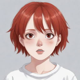 Anime style illustration of a sixteen-year-old girl with short red hair, dressed in white. She looks terribly scared, her pupils dilated giving a striking emotional intensity.