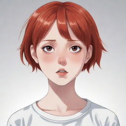 Anime style illustration of a sixteen-year-old girl with short red hair, dressed in white. She looks terribly scared, her pupils dilated giving a striking emotional intensity.