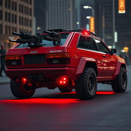 A heavily armored red 1980s Audi Quattro with a striking neon red underglow, showcasing its powerful presence