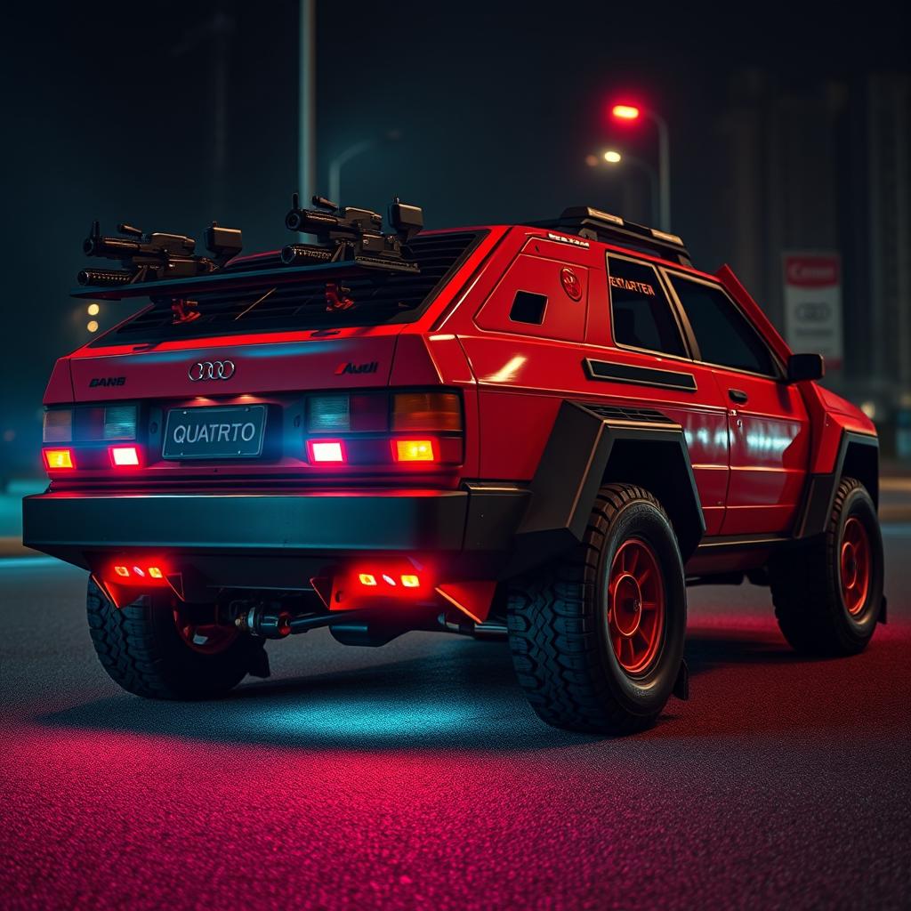 A heavily armored red 1980s Audi Quattro with a striking neon red underglow, showcasing its powerful presence