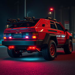 A heavily armored red 1980s Audi Quattro with a striking neon red underglow, showcasing its powerful presence