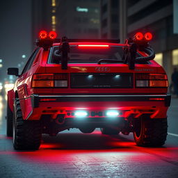 A heavily armored red 1980s Audi Quattro with a striking neon red underglow, showcasing its powerful presence