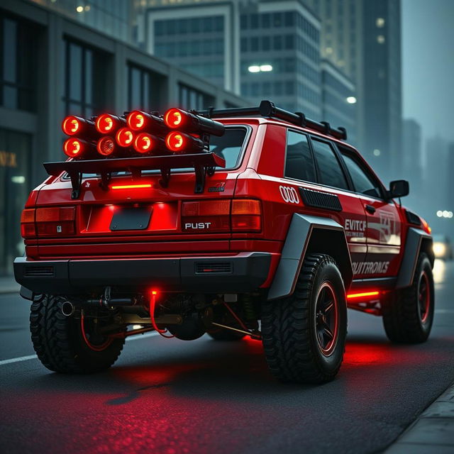 A heavily armored red 1980s Audi Quattro with a striking neon red underglow, showcasing its powerful presence