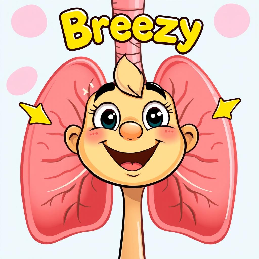 A cheerful character named Breezy inhaling deeply, with a bright, animated expression