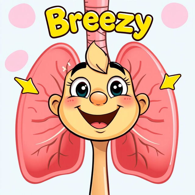 A cheerful character named Breezy inhaling deeply, with a bright, animated expression