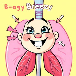 A cheerful character named Breezy inhaling deeply, with a bright, animated expression