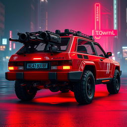 A heavily armored red 1980s Audi Quattro designed in a vibrant cyberpunk art style, emitting a striking neon red underglow