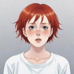 Anime style illustration of a sixteen-year-old girl with short red hair, dressed in white. She looks terribly scared, her pupils dilated giving a striking emotional intensity.