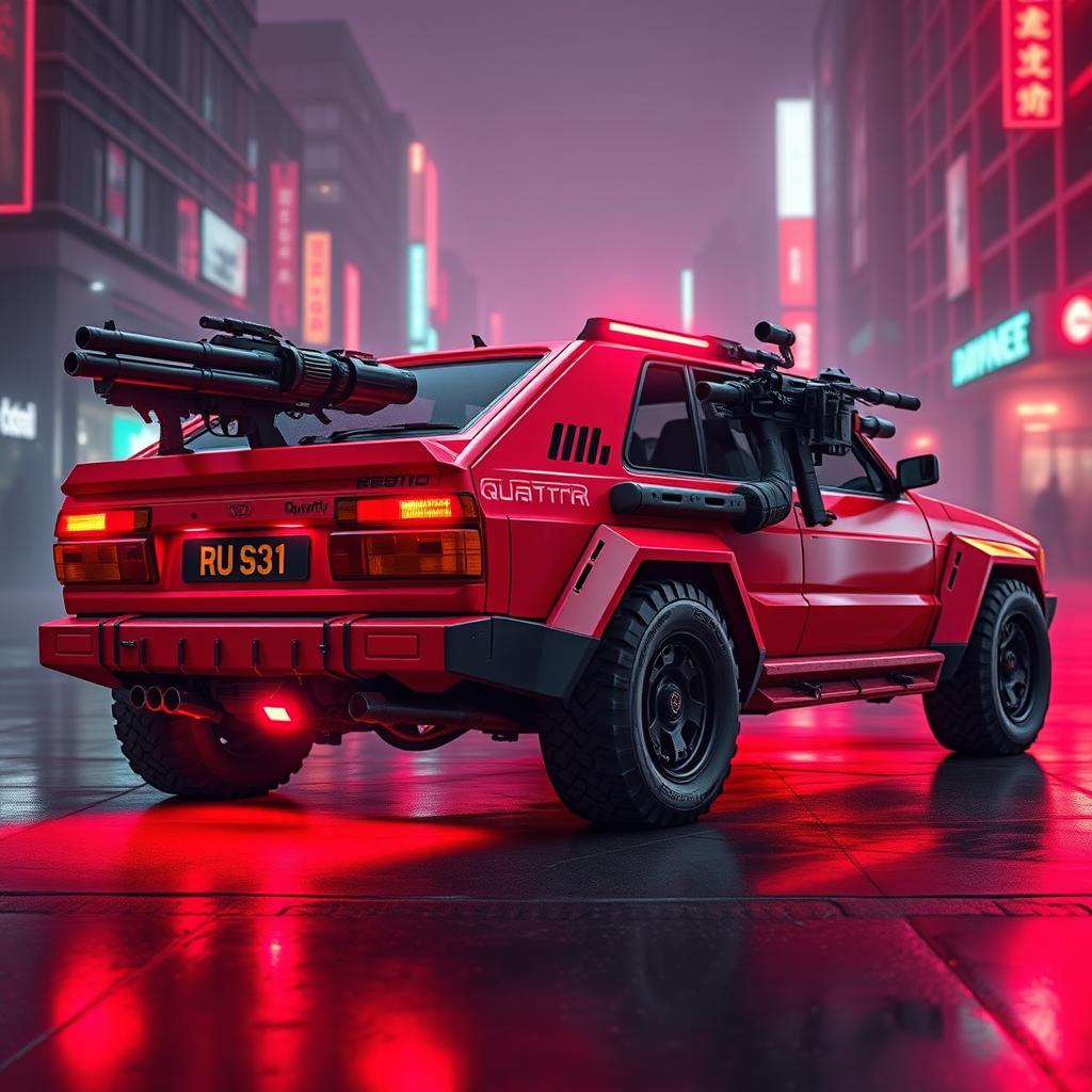 A heavily armored red 1980s Audi Quattro designed in a vibrant cyberpunk art style, emitting a striking neon red underglow