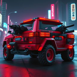 A heavily armored red 1980s Audi Quattro designed in a vibrant cyberpunk art style, emitting a striking neon red underglow