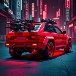 A heavily armored red 1980s Audi Quattro designed in a vibrant cyberpunk art style, emitting a striking neon red underglow