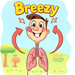 A cheerful character named Breezy inhaling deeply, visually represented with clear arrows illustrating the flow of air entering through the nose and descending down the windpipe into the lungs