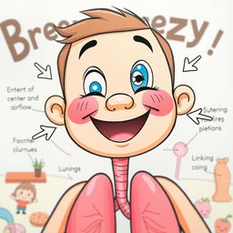 A cheerful character named Breezy inhaling deeply, visually represented with clear arrows illustrating the flow of air entering through the nose and descending down the windpipe into the lungs