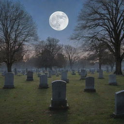 A serene graveyard at twilight, with tombstones casting long shadows, a pale moon hangs above, crickets chirping, and a gentle breeze whispering through the leaves of nearby trees.