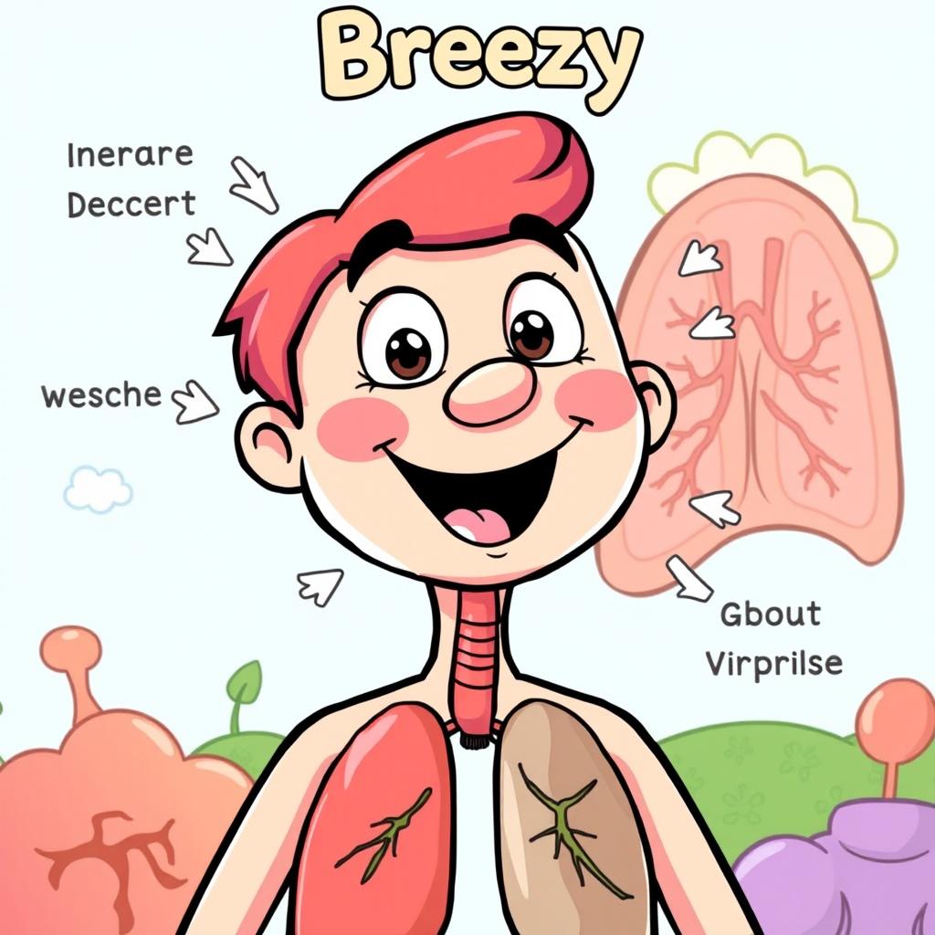 A cheerful character named Breezy inhaling deeply, visually represented with clear arrows illustrating the flow of air entering through the nose and descending down the windpipe into the lungs