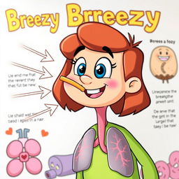 A cheerful character named Breezy inhaling deeply, visually represented with clear arrows illustrating the flow of air entering through the nose and descending down the windpipe into the lungs