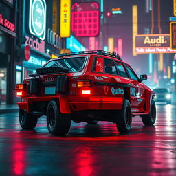 A heavily armored red 1980s Audi Quattro, showcasing a bold neon red underglow that highlights its aggressive design