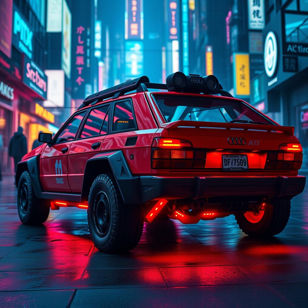 A heavily armored red 1980s Audi Quattro, showcasing a bold neon red underglow that highlights its aggressive design