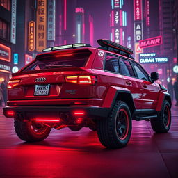 A heavily armored red 1980s Audi Quattro, showcasing a bold neon red underglow that highlights its aggressive design