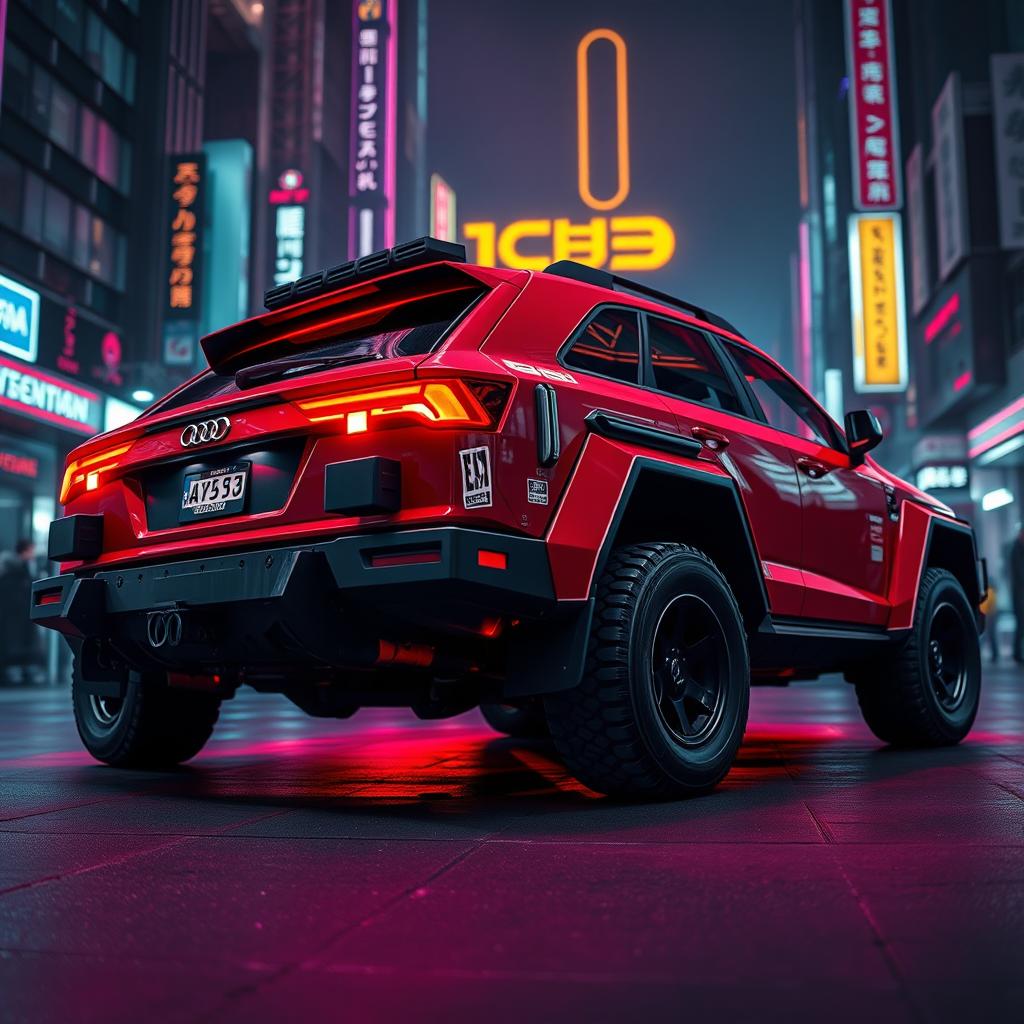 A heavily armored red 1980s Audi Quattro, showcasing a bold neon red underglow that highlights its aggressive design