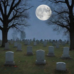 A serene graveyard at twilight, with tombstones casting long shadows, a pale moon hangs above, crickets chirping, and a gentle breeze whispering through the leaves of nearby trees.