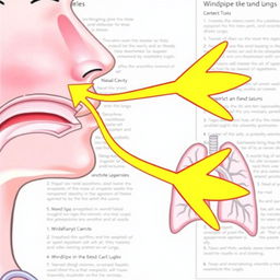 An educational illustration showing arrows indicating the flow of air entering through the nose and traveling down the windpipe into the lungs