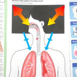 An educational illustration showing arrows indicating the flow of air entering through the nose and traveling down the windpipe into the lungs