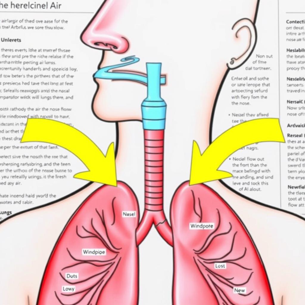 An educational illustration showing arrows indicating the flow of air entering through the nose and traveling down the windpipe into the lungs