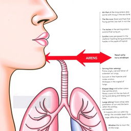 An educational illustration showing arrows indicating the flow of air entering through the nose and traveling down the windpipe into the lungs