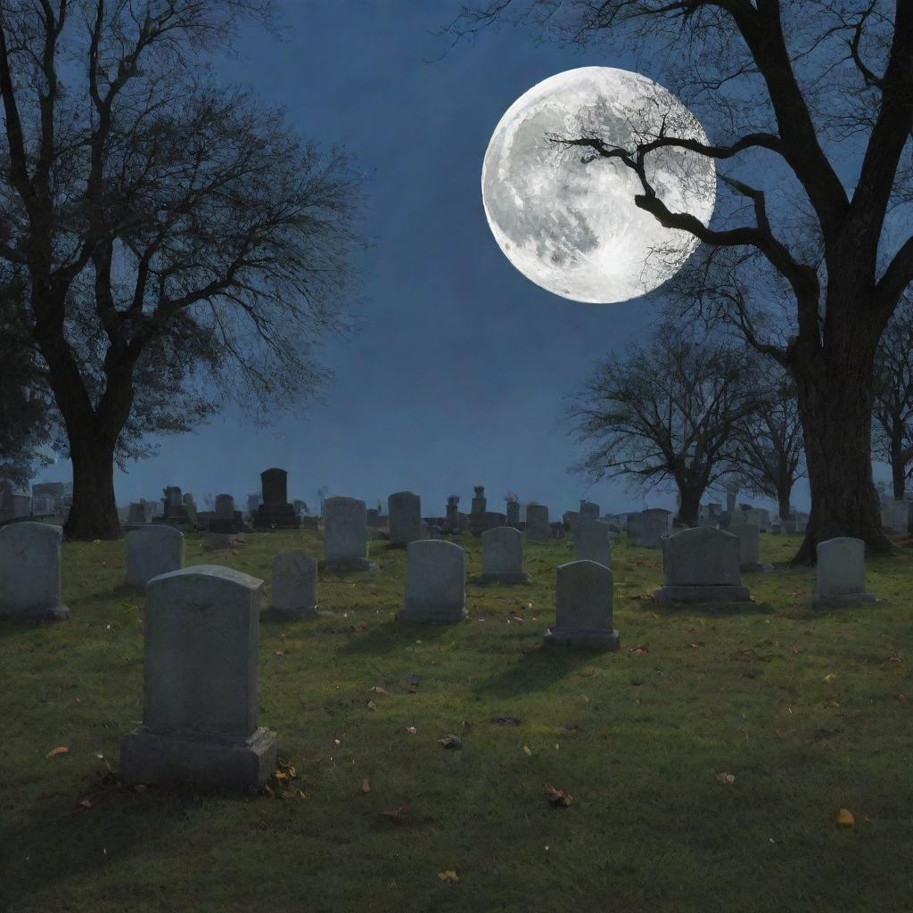 A serene graveyard at twilight, with tombstones casting long shadows, a pale moon hangs above, crickets chirping, and a gentle breeze whispering through the leaves of nearby trees.