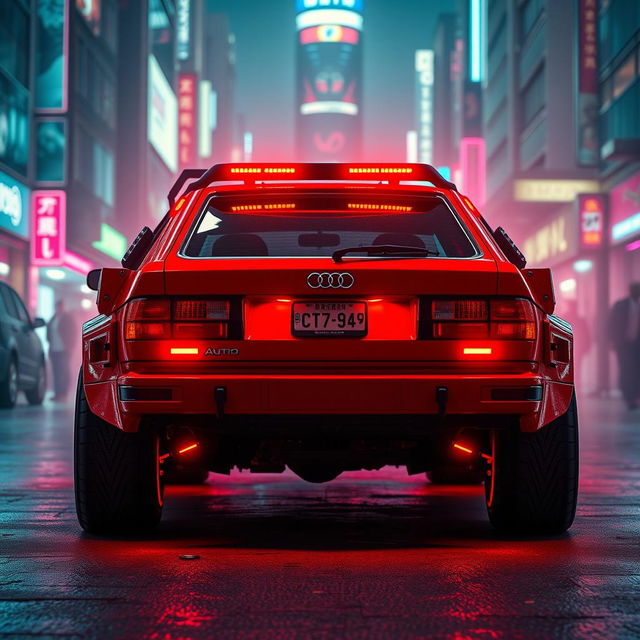 A heavily armored red 1980s Audi Quattro, featuring a striking neon red underglow that illuminates the ground beneath it