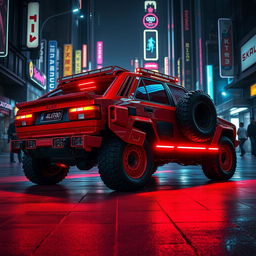 A heavily armored red 1980s Audi Quattro, featuring a striking neon red underglow that illuminates the ground beneath it