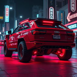 A heavily armored red 1980s Audi Quattro, featuring a striking neon red underglow that illuminates the ground beneath it